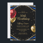 Convites Dourada Glitter Blue Agate Womans 50th Birthday<br><div class="desc">Convidado de 50 anos para mulheres quentes com brilho dourado,  espirais de mármore azul agata,  balões de brilho vermelho e dourado e leituras elegantes para escrita de caligrafia. Fácil de personalizar para comemorar a mulher aos cinquenta anos.</div>