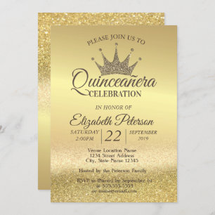 Convites Dourada Glitter Bokeh Ombre, Tiara, Quinceañera Pa