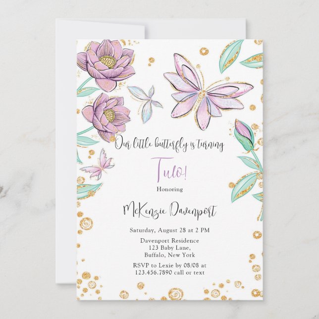 Convites Dourada Glitter Borboleta Flor Festa de aniversári (Frente)