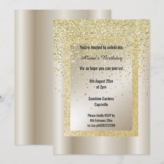 Convites Dourada Glitter Bronze Moderno em todas as Ocasiõe (Frente/Verso)