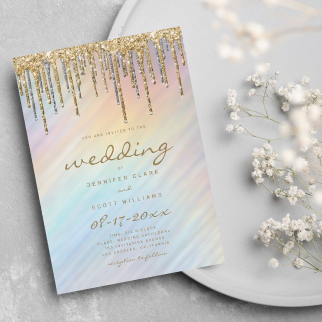 Convites Dourada Glitter Coloca Arco-Íris Holográfico (Gold Glitter Drips Rainbow Holographic Wedding Invitation )
