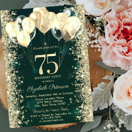 Convites Dourada Glitter Confetti Balões Verdes 75º Anivers