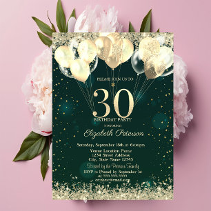 Convites Dourada Glitter Confetti Balões Verdes aniversário