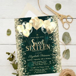 Convites Dourada Glitter Confetti Balões Verdes Sweet 16