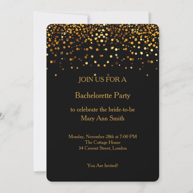 Convites Dourada Glitter Confetti Esmaga Bachelorette Preta (Frente)