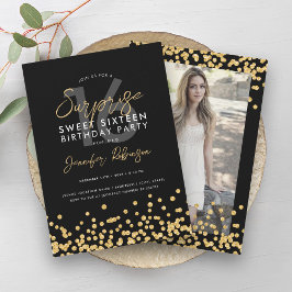 Convites Dourada Glitter Confetti Foto Surpresa Sweet 16