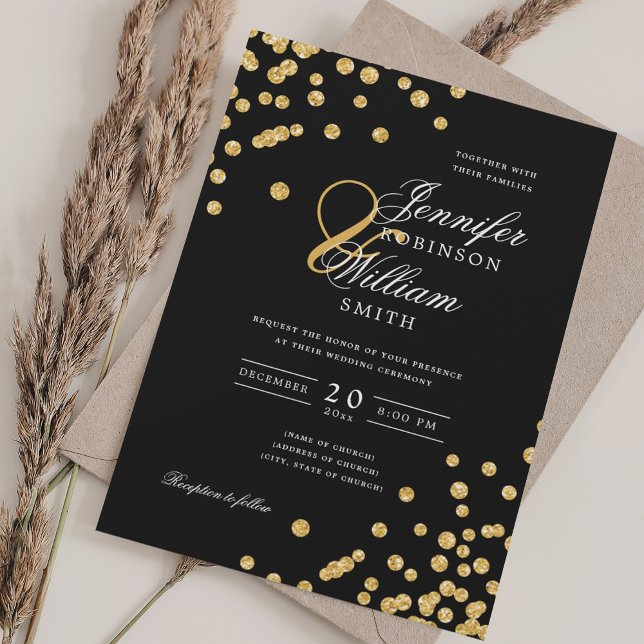 Convites Dourada Glitter Confetti Negro Elegante (Elegant Script Wedding Gold Glitter Confetti Black Invitation)