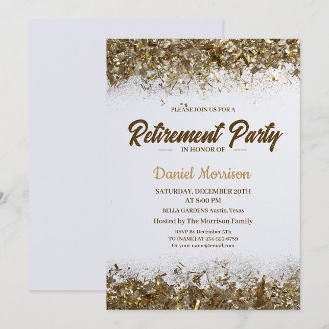 Convites Dourada Glitter Confetti Retirement Party 2024 (Frente/Verso)