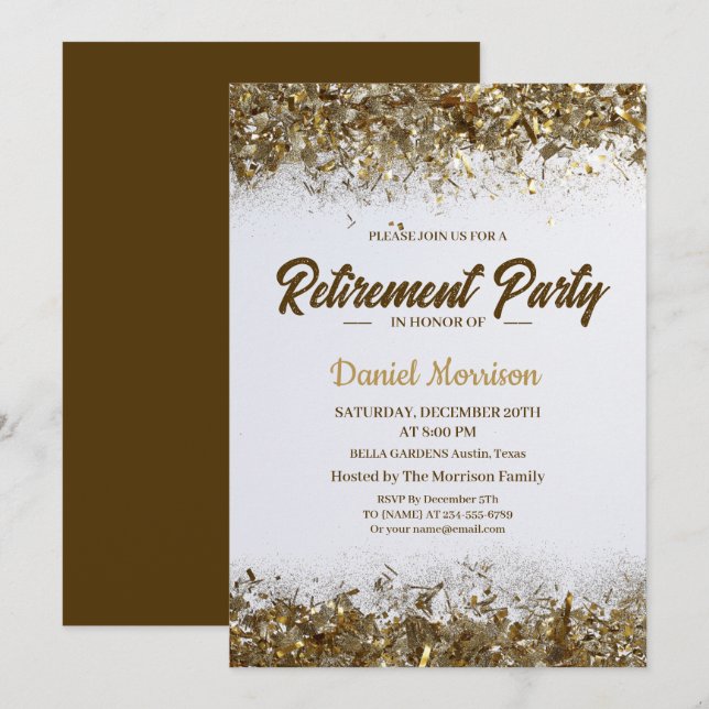 Convites Dourada Glitter Confetti Retirement Party 2024 (Frente/Verso)