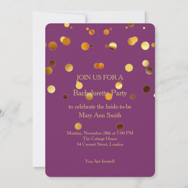 Convites Dourada Glitter Confetti Sparkles Purple Bachelore (Frente)