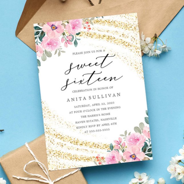 Convites Dourada Glitter Cor-de-Rosa Floral Doce Sessenta e (Criador carregado)