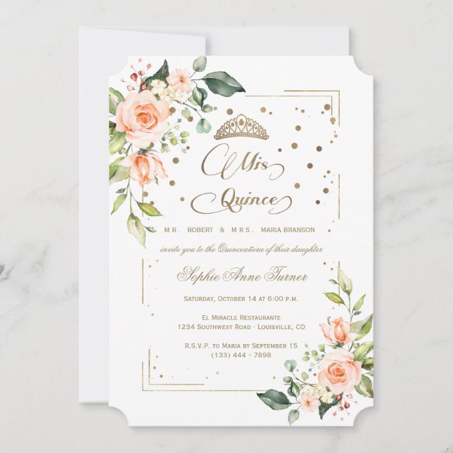 Convites Dourada Glitter Coral Floral Mis Quince Quinceañer (Frente)