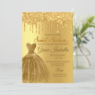 Convites Dourada Glitter Doce Dezesseis Aniversário