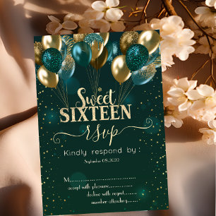 Convites Dourada Glitter Drips Balões Verdes Sweet 16 RSVP