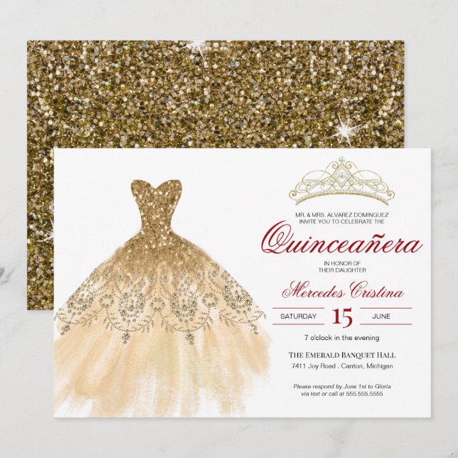 Convites Dourada Glitter e Vermelha Simples Quinceañera (Frente/Verso)