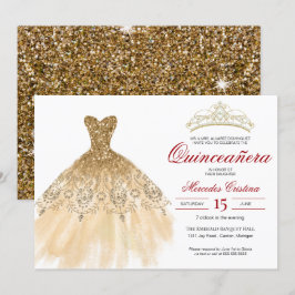Convites Dourada Glitter e Vermelha Simples Quinceañera