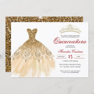 Convites Dourada Glitter e Vermelha Simples Quinceañera
