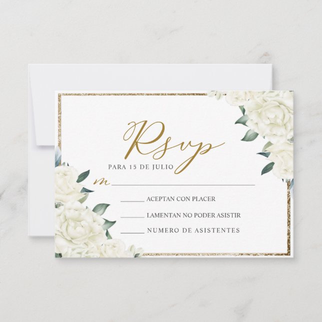 Convites Dourada Glitter Floral Nuestra Boda Wedding RSVP (Frente)