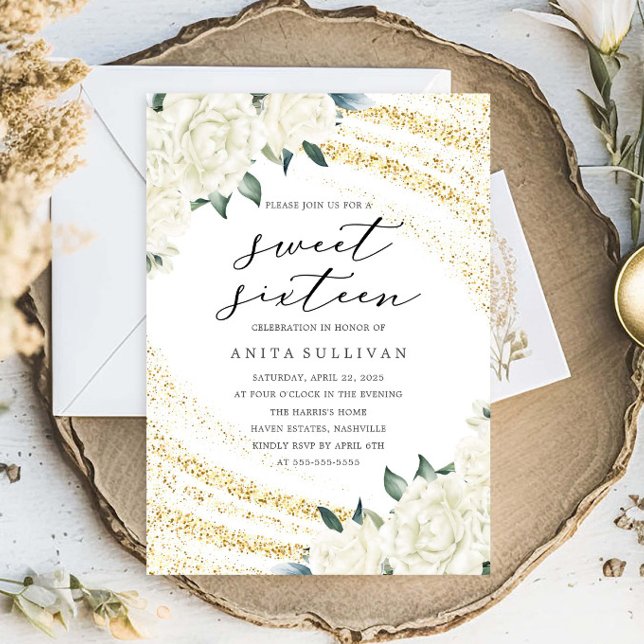 Convites Dourada Glitter Floral Sweet Sessenta E Dezesseis  (Criador carregado)