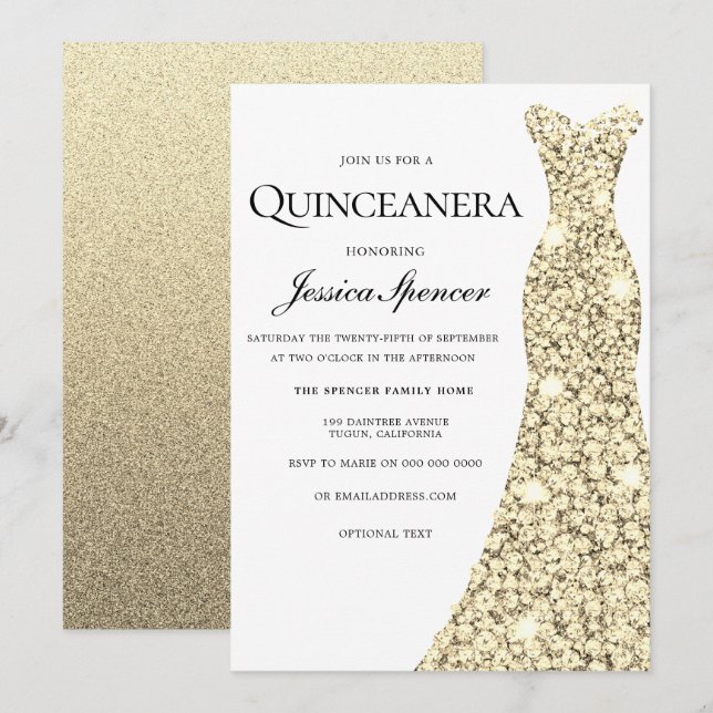 Convites Dourada Glitter Glitter Quinceanera Convide (Frente/Verso)