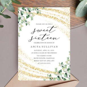 Convites Dourada Glitter Greenery Doce Dezesseis e Dezessei