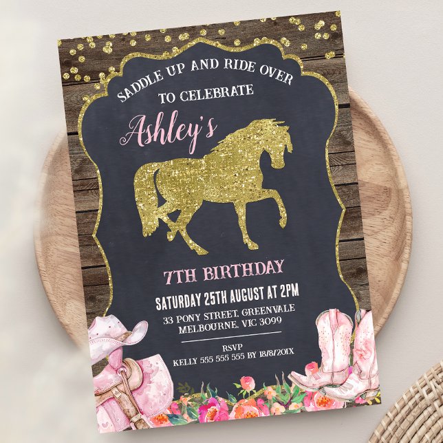 Convites Dourada Glitter Horse Saddle Aniversário (Gold Glitter Saddle Up Horse Birthday Invitation Gallop Over Pony Birthday Invitation Horse Birthday)