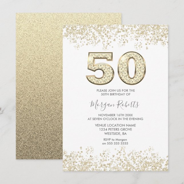 Convites Dourada Glitter Mens ou Mulheres 50ª Festa de aniv (Frente/Verso)