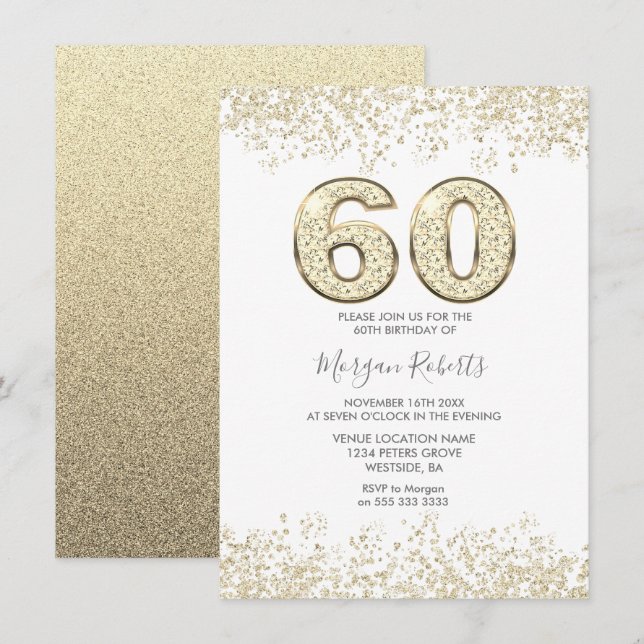 Convites Dourada Glitter Mens ou Mulheres 60ª Festa de aniv (Frente/Verso)