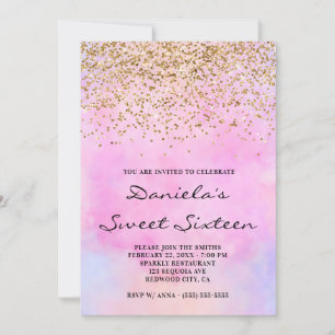Convites Dourada Glitter Pastel Cor de Água Rosa Doce Deze