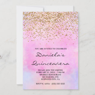 Convites Dourada Glitter Pastel Pink Watercolor Quinceañer