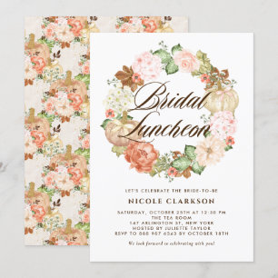 Convites Dourada Glitter Pumpkin Floral Wreath Bridal