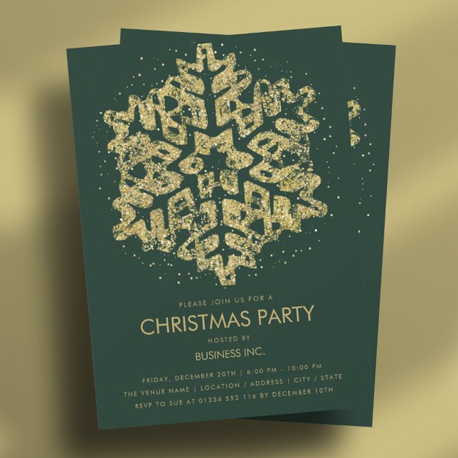 Convites Dourada Glitter Snowflake Festa de Natal Verde (Gold Glitter Snowflake Christmas Party Green Invitation)