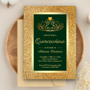 Convites Dourada Glitter Tiara Princess Green Quinceanera