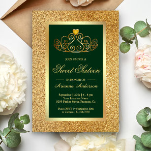 Convites Dourada Glitter Tiara Princess Green Sweet Sessent