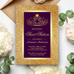Convites Dourada Glitter Tiara Princess Purple Sweet
