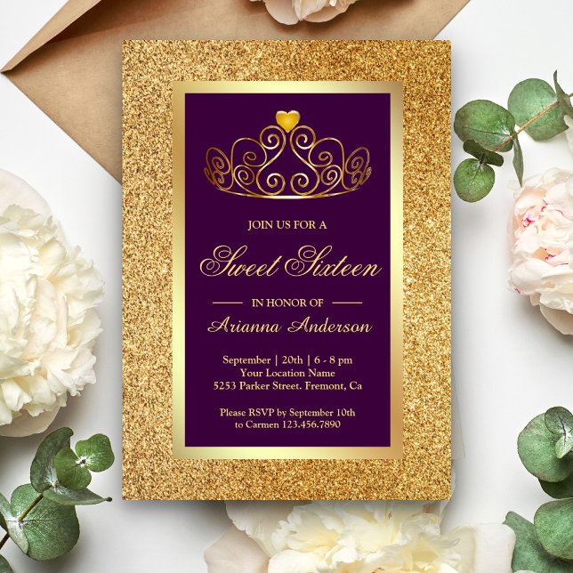 Convites Dourada Glitter Tiara Princess Purple Sweet (Criador carregado)