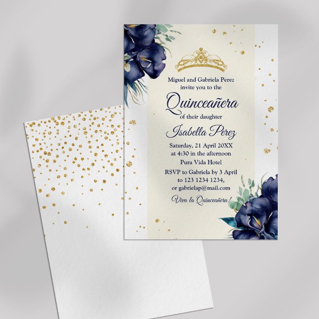Convites Dourada Glitter Tiara Royal Blue Floral Quinceaner (Gold Glitter Tiara Royal Blue Floral Quinceanera Invitation on off-white background)