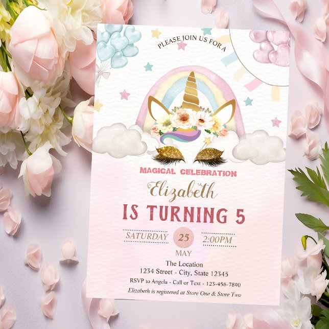 Convites Dourada Glitter Unicorn, Balões Rosa de Aniversári (Criador carregado)