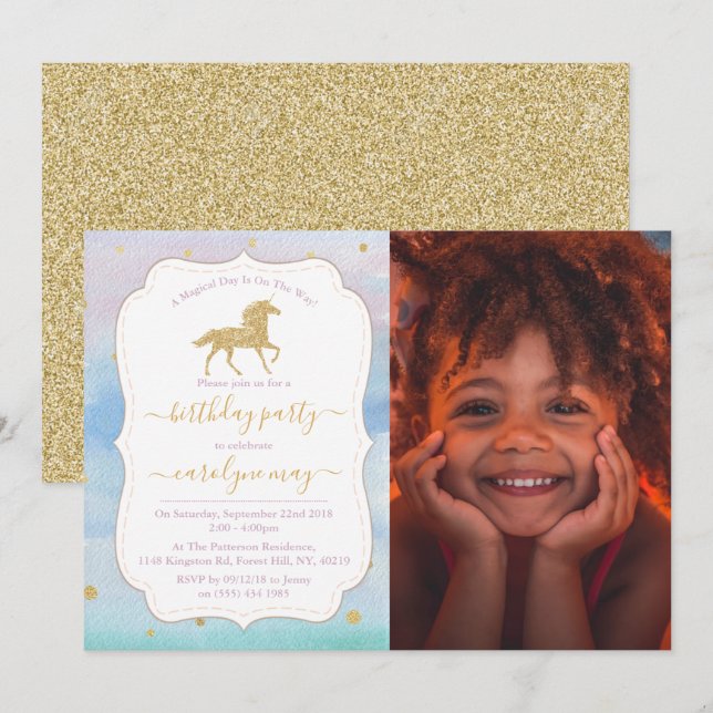 Convites Dourada Glitter Unicorn Foto De Qualquer Aniversár (Frente/Verso)