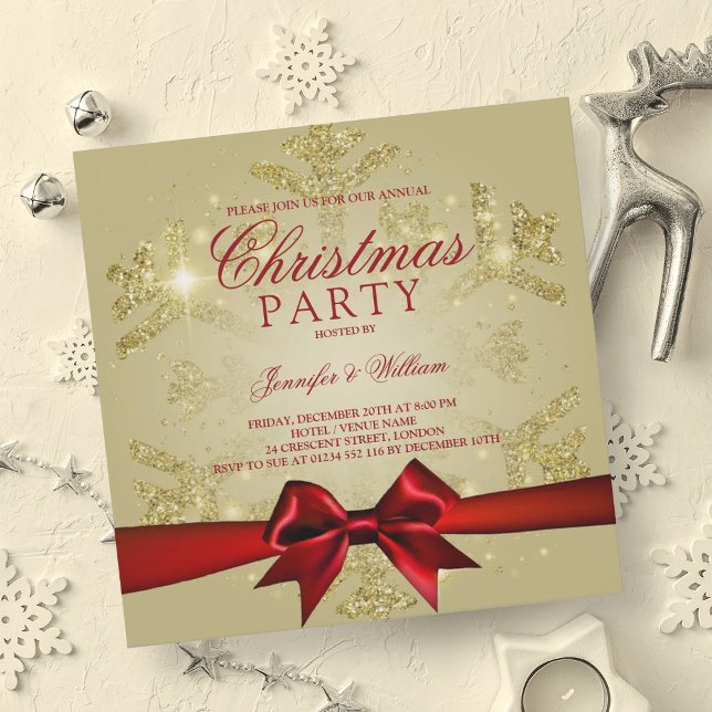 Convites Dourada Glitter Vermelha e Fita | Festa de Natal (Gold Red Glitter & Ribbon | Xmas Holiday Party Invitation)