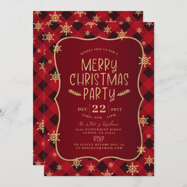 Convites Dourada Glittery Snowflake Red Xadrez Festa de Nat (Frente/Verso)