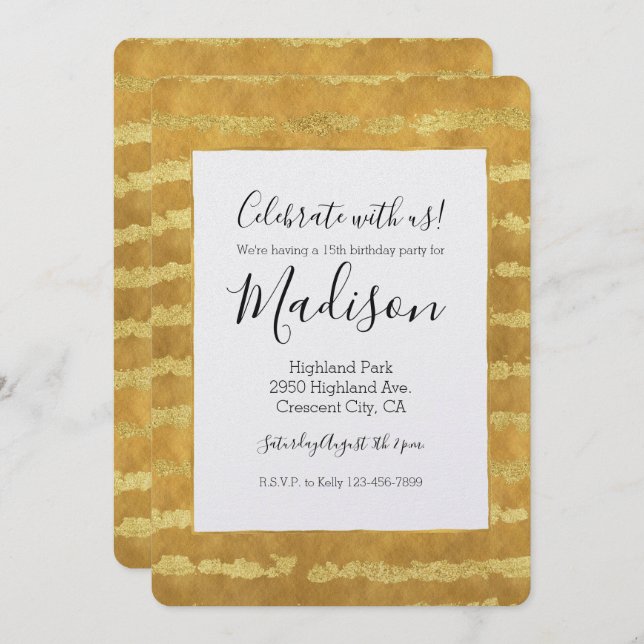 Convites Dourada Glitzy Stripes (Frente/Verso)