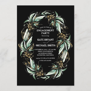Convites Dourada Greenery Wreath Black Modern Festa de noiv