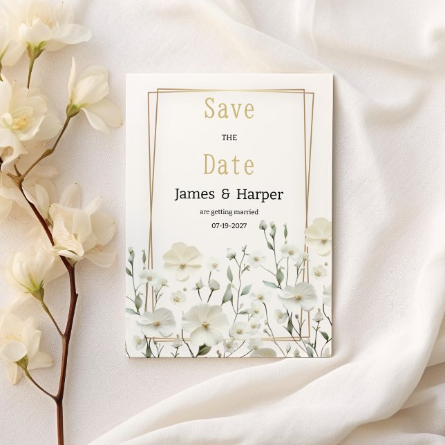 Convites Dourada horta branca delicada floral Salve a data (Gold white mint delicate floral Save the Date )