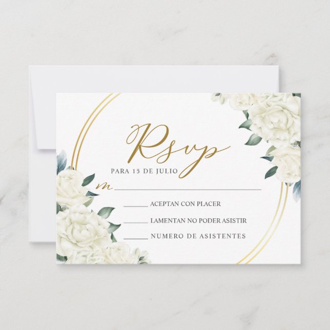 Convites Dourada Ivory Floral Nuestra Boda Wedding RSVP (Frente)