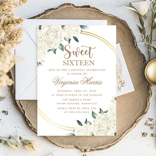 Convites Dourada Ivory Floral Sweet Dezesseis 16 Aniversári (Criador carregado)