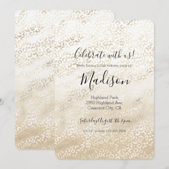 Convites Dourada Leopard Print Khaki Cream Beige Watercolor (Frente/Verso)