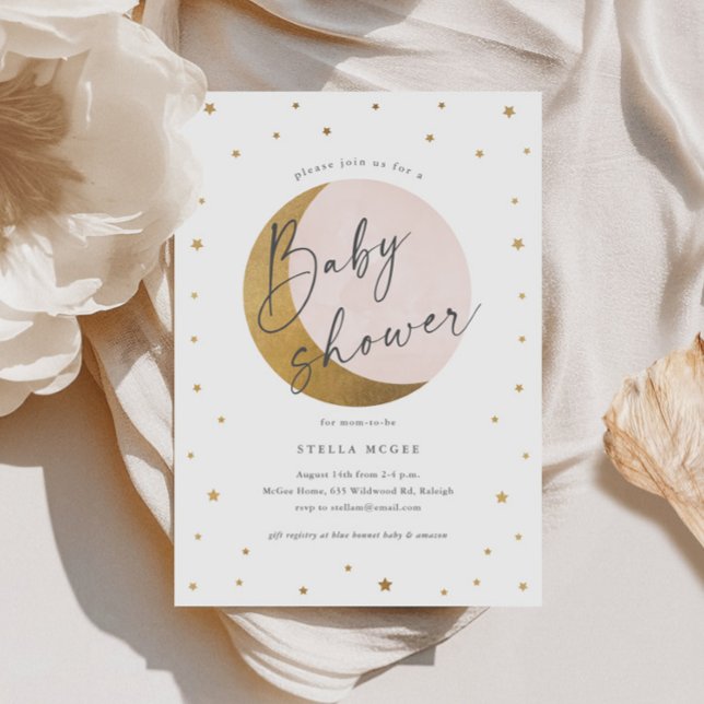 Convites Dourada Lua e Stars Script Girls Chá de fraldas (Gold Moon and Stars Script Girls Baby Shower Invitations.)