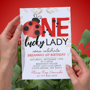 Convites Dourada Lucky Lady Watercolor Ladybug Aniversário