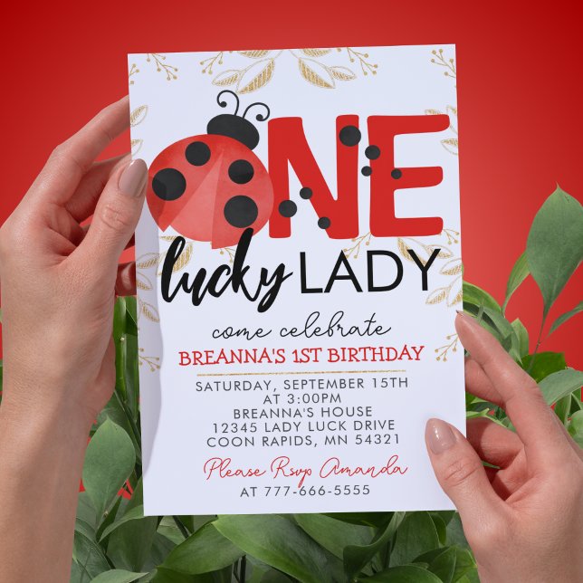Convites Dourada Lucky Lady Watercolor Ladybug Aniversário (Elegant Gold Glitter One Lucky Lady Watercolor Ladybug 1st Birthday Party Invitations)